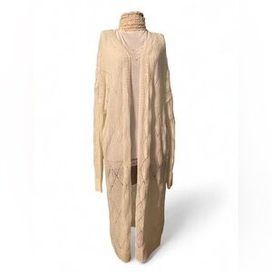 Chicsoul Elegant Cream Long crochet Open-Front Cardigan Sweater